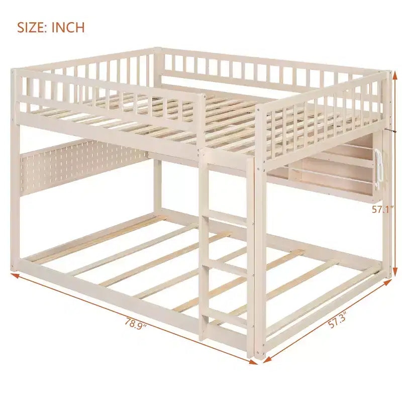Lit superposé moderne bas Luxystar double sur double avec rangement, étagères éclairées et panneau perforé
