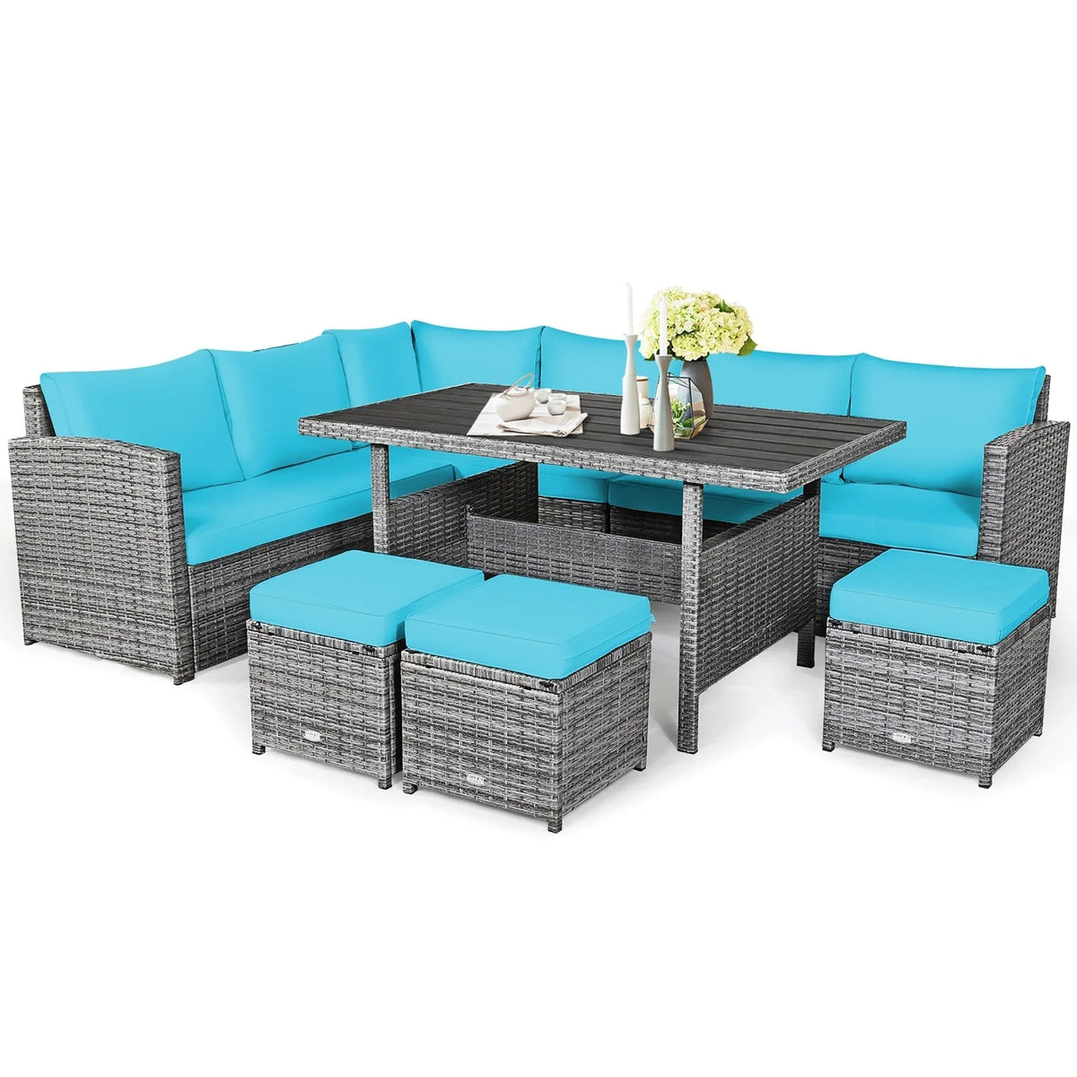 Ensemble de salle à manger Costway 7 pièces en rotin pour terrasse, canapé sectionnel et pouf - Voir détails