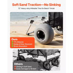 Chariot de plage VEVOR avec grandes roues pour le sable, plateforme de chargement 50,8 x 38,1 cm, chariot de sable pliant avec 2 roues ballon, capacité de charge 75 kg, argenté+noir