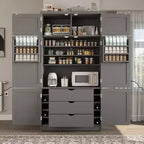 Grand meuble de garde-manger de cuisine avec prises électriques, grand placard autoportant avec support pour micro-ondes, tiroirs, étagères, casiers à vin et étagère de porte