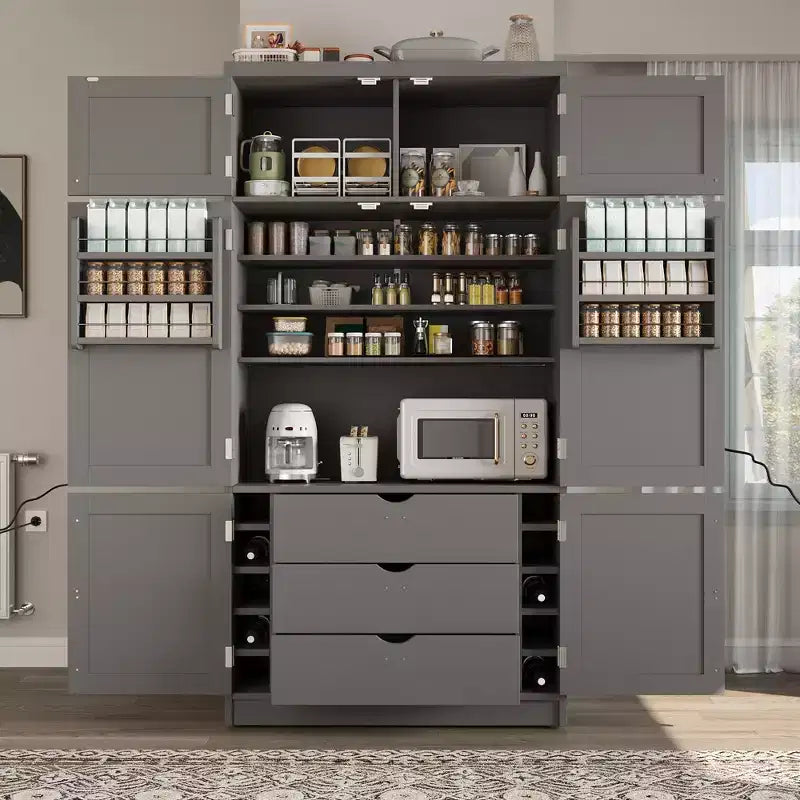 Grand meuble de garde-manger de cuisine avec prises électriques, grand placard autoportant avec support pour micro-ondes, tiroirs, étagères, casiers à vin et étagère de porte