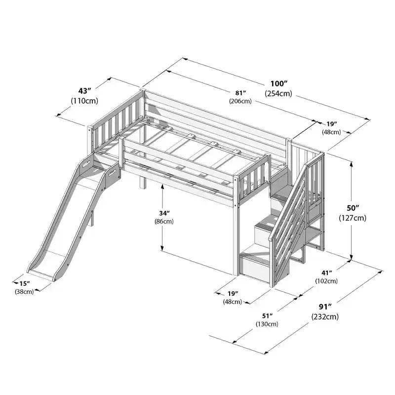 Lit bas mezzanine simple pour enfants avec toboggan et escalier, bois massif, 14 barrières de sécurité, capacité de 180 kg
