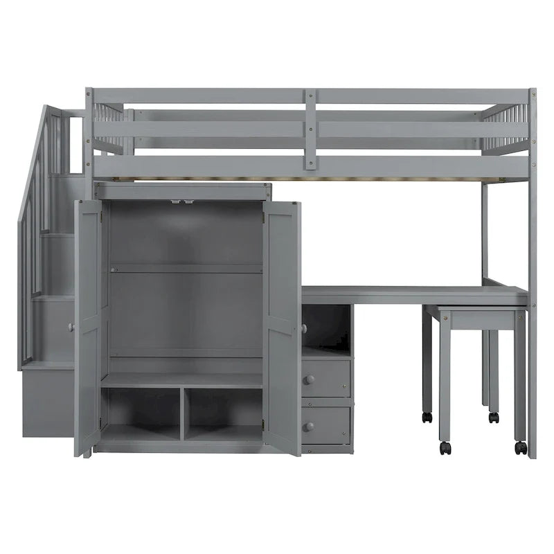 Lit mezzanine double avec escalier, bibliothèque, bureau et armoire – Meuble multifonctionnel et peu encombrant pour enfants et adolescents – Blanc