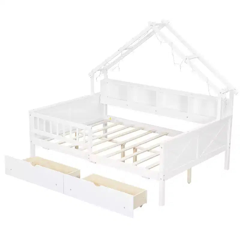 Cadre de lit maison pleine grandeur avec tiroirs, lit plate-forme maison avec lumières LED, étagères de rangement et tiroirs, lit de repos en bois avec toit et garde-corps