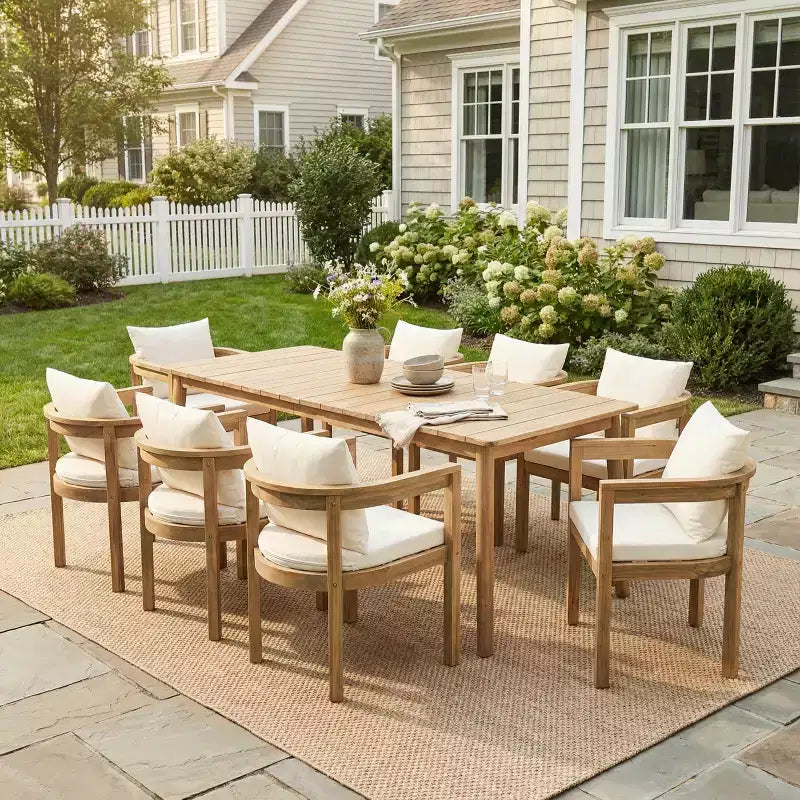 Ensemble de salle à manger d'extérieur rustique Christopher Knight Home Irene 9 pièces en bois d'acacia avec chaises à dossier incurvé et coussins