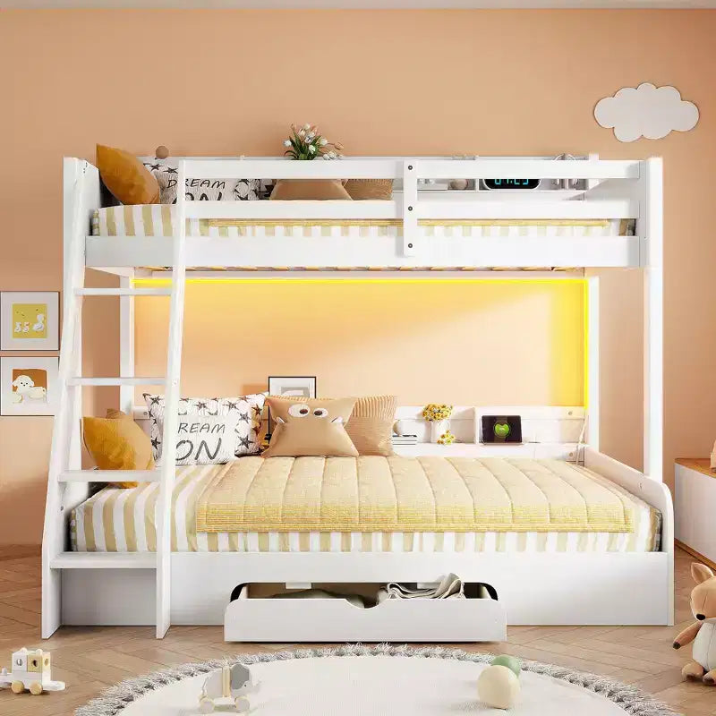 Lit superposé double sur toute la longueur avec rangement, lumières LED et station de charge, lit superposé en bois avec étagères latérales pour enfants et adolescents