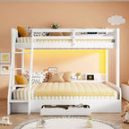Lit superposé double sur toute la longueur avec rangement, lumières LED et station de charge, lit superposé en bois avec étagères latérales pour enfants et adolescents