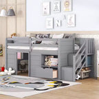 Lit mezzanine jumeau Okak en bois massif avec escalier et rangement, lits superposés jumeaux à profil bas avec tiroirs et étagères, lits mezzanine multifonctionnels pour enfants et adolescents