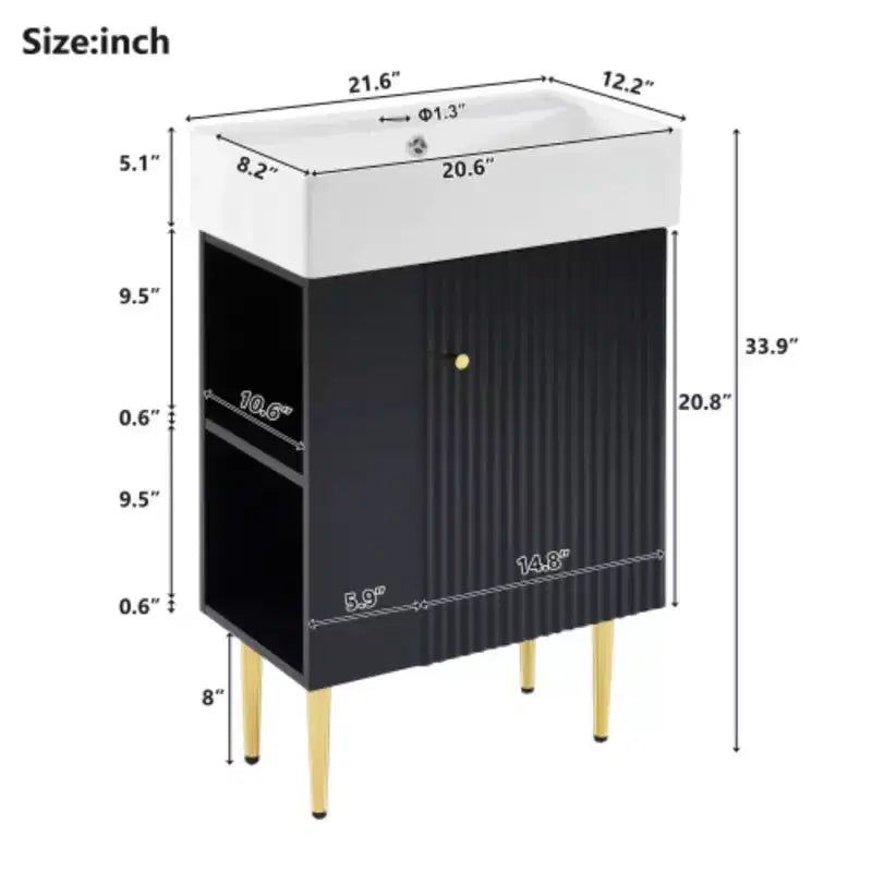 Meuble-lavabo de salle de bain blanc de 21,6 po, ensemble avec meuble de rangement, vasque en céramique simple, rangement à gauche