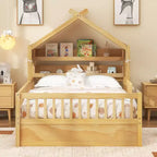 Lit cabane en bois ModernLuxe (taille lit simple/double) avec tête de lit de rangement, cadre de lit pour enfants en pin massif avec barrières de sécurité