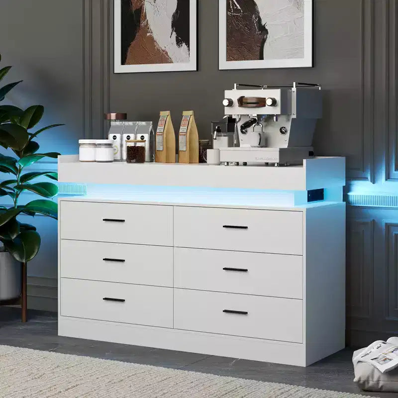 Meuble TV moderne avec 6 tiroirs et lumières LED, bar à café flottant pour centre de divertissement de salon