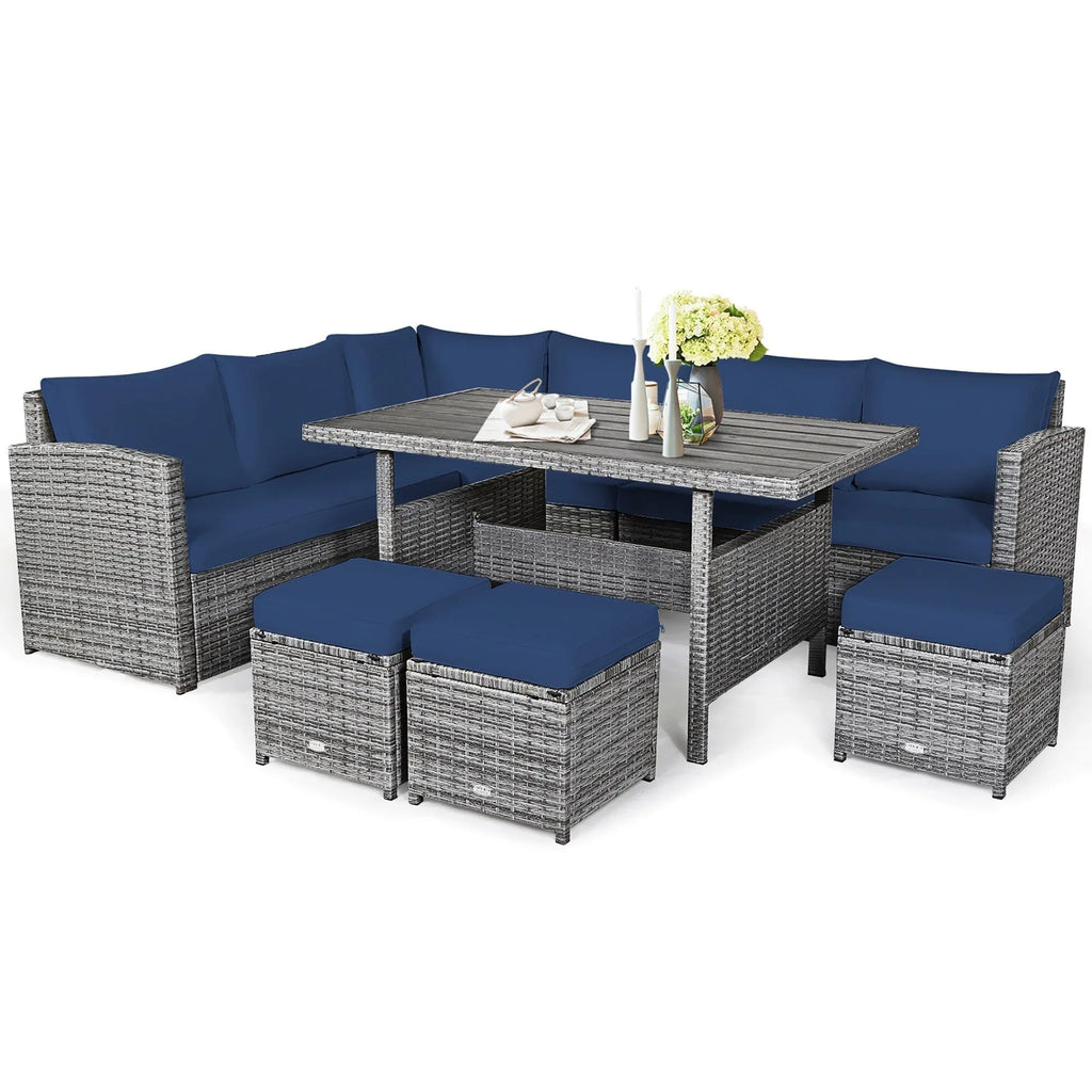 Ensemble de salle à manger Costway 7 pièces en rotin pour terrasse, canapé sectionnel et pouf - Voir détails