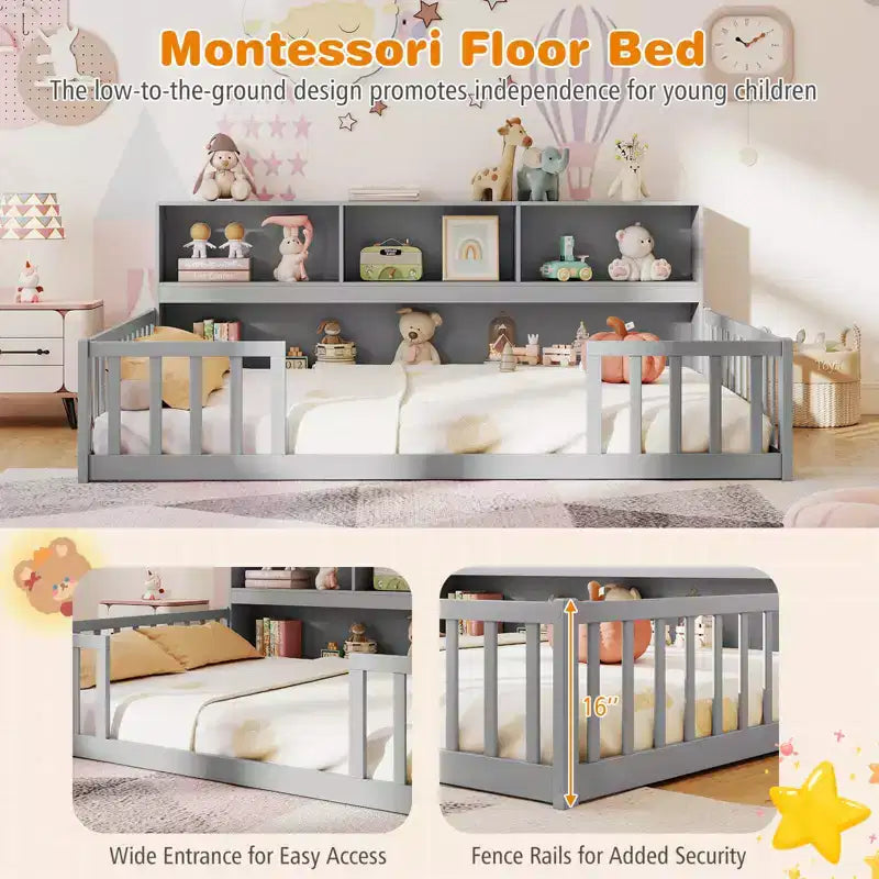 Lit de sol Montessori double/complet avec étagères de rangement et barrières de sécurité Blanc/Gris