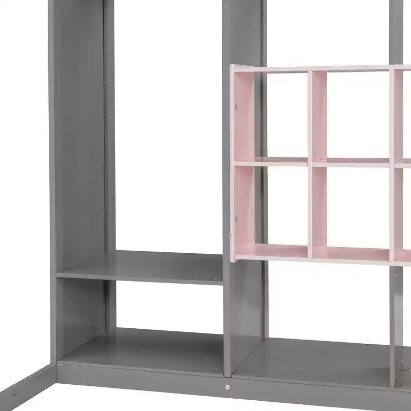 Lit mezzanine enfant avec armoire et étagères, Cadre de lit mezzanine en bois avec meuble de rangement pour enfants et adolescents