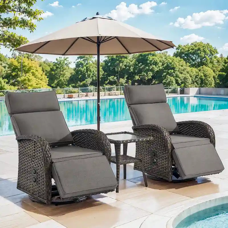Pocassy 3 PCS Fauteuil inclinable d'extérieur polyvalent avec table d'appoint Coussin gris