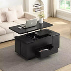 Table basse relevable multifonctionnelle et moderne avec rangement dissimulé, 4 tabourets et roulettes, parfaite pour les espaces de vie modernes.