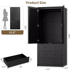 COZONY Armoire penderie avec 3 tiroirs et 2 portes, Placard de rangement moderne en bois pour chambre à coucher, Armoire sur pied blanche robuste