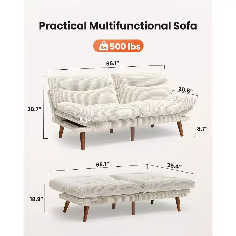 Canapé-lit 168 cm en velours côtelé, avec dossier et accoudoirs réglables, idéal pour les petits espaces, les salons ou les bureaux comme futon.