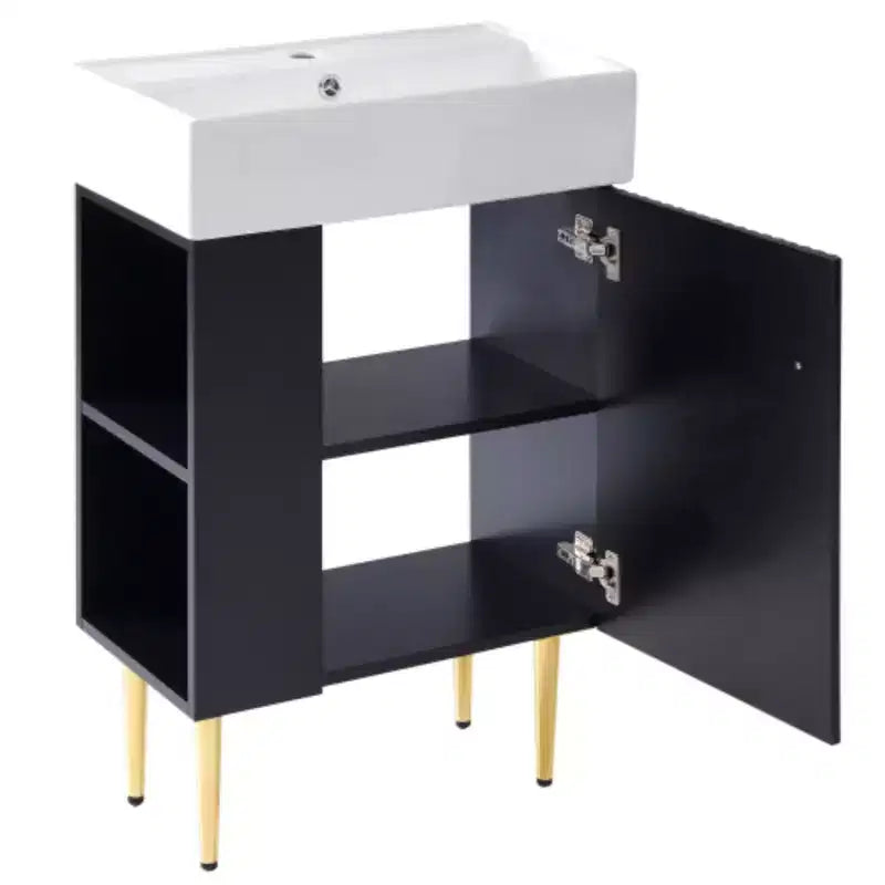 Meuble-lavabo de salle de bain blanc de 21,6 po, ensemble avec meuble de rangement, vasque en céramique simple, rangement à gauche