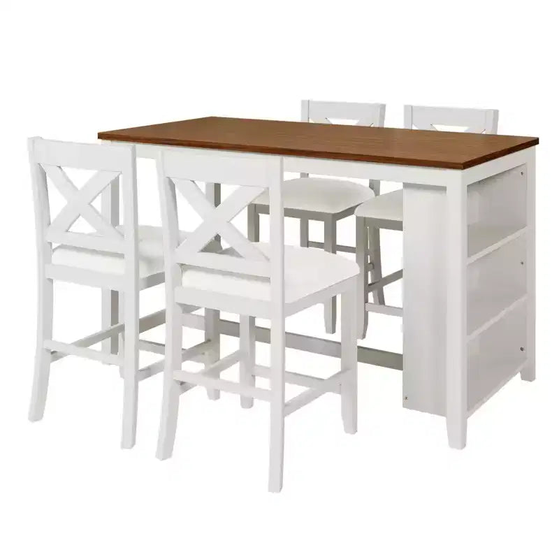Ensemble table et chaises Homy Casa 5 pièces hauteur comptoir avec étagères de rangement, blanc et noyer, style ferme moderne