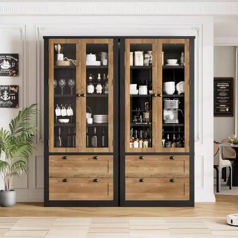 Vaisselier de cuisine de ferme avec portes vitrées, Armoire de rangement de 183 cm avec tiroirs et étagères réglables pour salle à manger, salle de bain, salon