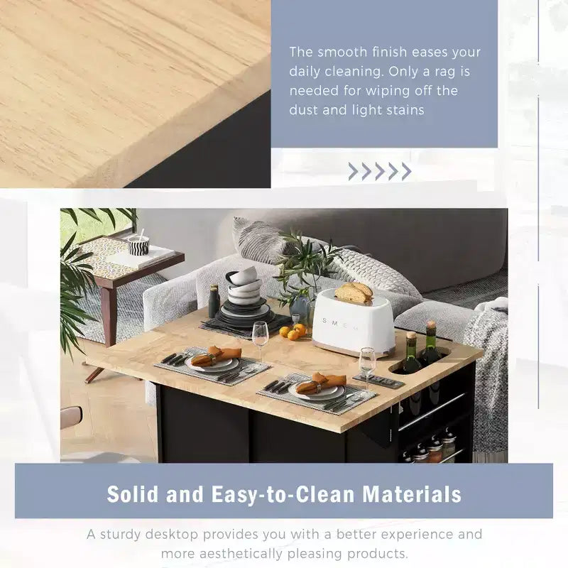 Îlot de cuisine mobile avec prise de courant, abattant et plateau en bois d'hévéa