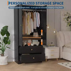 Armoire de chambre moderne en bois de 180 cm avec 2 portes, 2 tiroirs, étagères réglables, armoire de rangement pour vêtements et tringle à vêtements