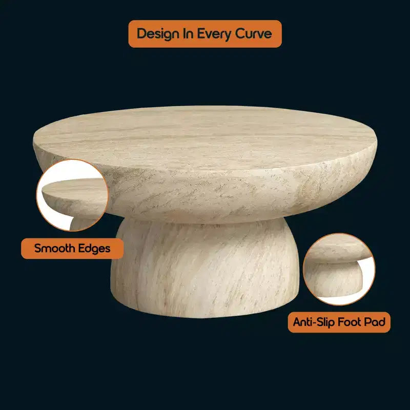 Table basse ronde Lunexa de LeisureMod, table d'appoint à piédestal en pierre de fibre pour utilisation intérieure ou extérieure, design sculpté avec patins antidérapants