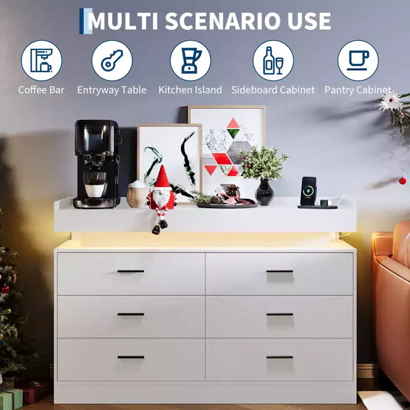 Meuble TV moderne avec 6 tiroirs et lumières LED, bar à café flottant pour centre de divertissement de salon