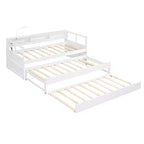 Lit de repos double XL Whisen en bois avec 2 lits gigognes, 3 compartiments de rangement, 1 lampe gratuite et port de chargement USB