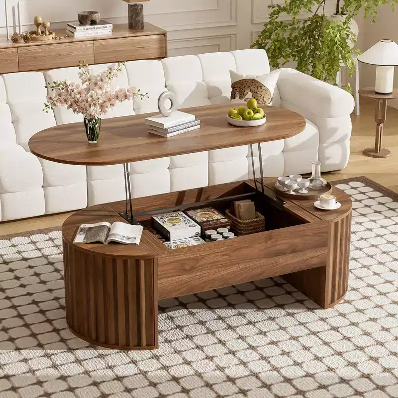 Table basse relevable de 120 cm avec compartiment de rangement caché, ovale, marron