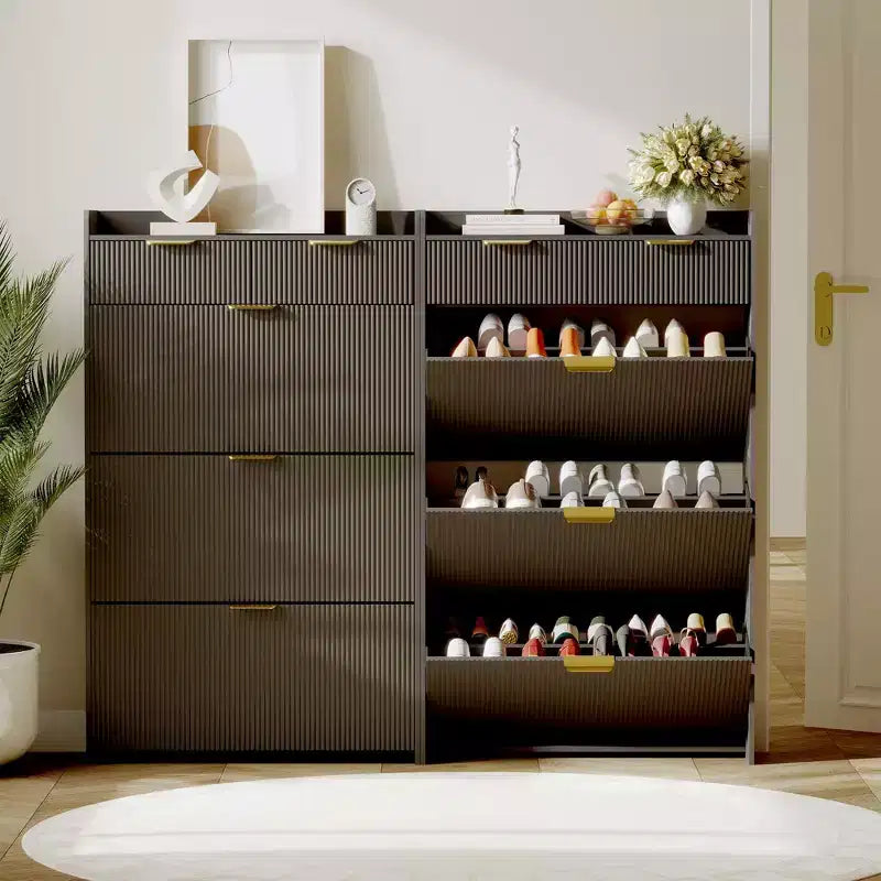Meuble à chaussures moderne blanc avec 3 tiroirs basculants et 2 petits tiroirs et crochet, organiseur de rangement à chaussures fin cannelé, meuble d'entrée étroit