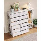 Commode de rangement avec 16 tiroirs, tringle à vêtements et étagères, organisateur de rangement en tissu pour chambre à coucher, placard ou entrée