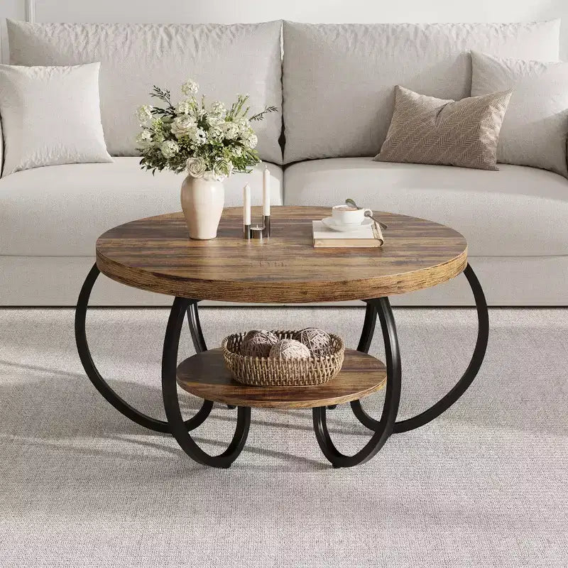 Table basse industrielle ronde de 30 pouces à 2 niveaux avec pieds réglables, étagère à grain de bois, motif flamme, assemblage facile, salon