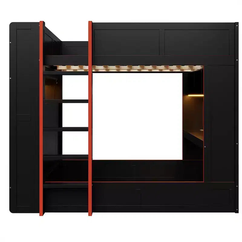 Lit superposé de jeu en bois pleine grandeur avec bureau intégré, étagères de rangement, lumières LED 7 couleurs et station de charge, noir - ModernLuxe