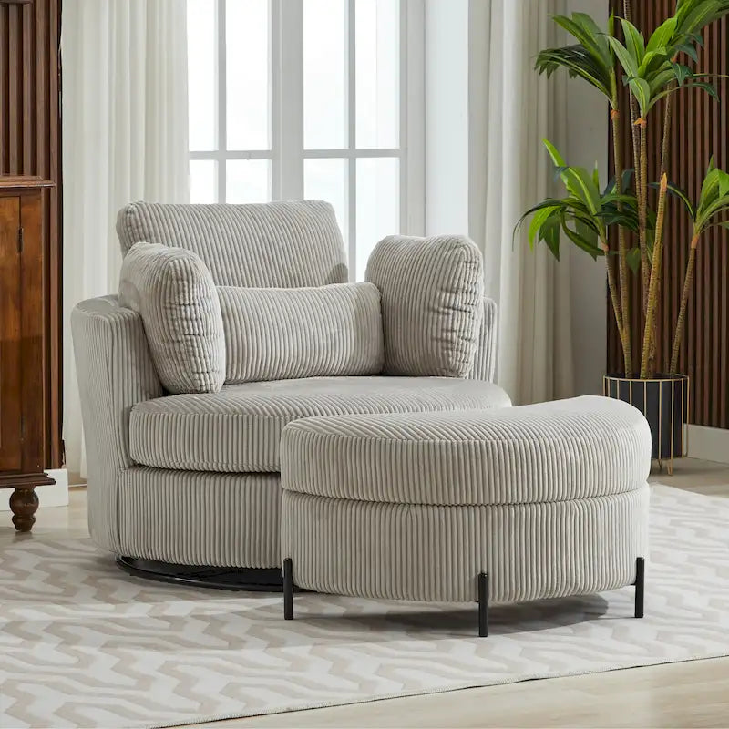 Fauteuil d'appoint pivotant rembourré 42,3 W avec 4 oreillers et pouf de rangement demi-lune