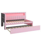 Lit de repos double/complet avec tiroir gigogne et tête de lit bibliothèque en L, lit d'angle doux rembourré en lin avec étagères de rangement et bande LED
