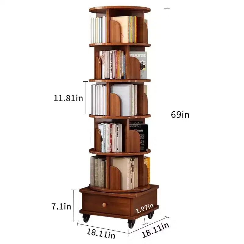 Bibliothèque d'angle pivotante à 360° Chic Crate à 6 niveaux avec roulettes, étagère étroite pour petits espaces, marron noyer