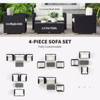 Ensemble de canapés en rotin 4 pièces, ensemble de canapés de patio en osier avec causeuse, chaises et table basse en verre pour jardin extérieur