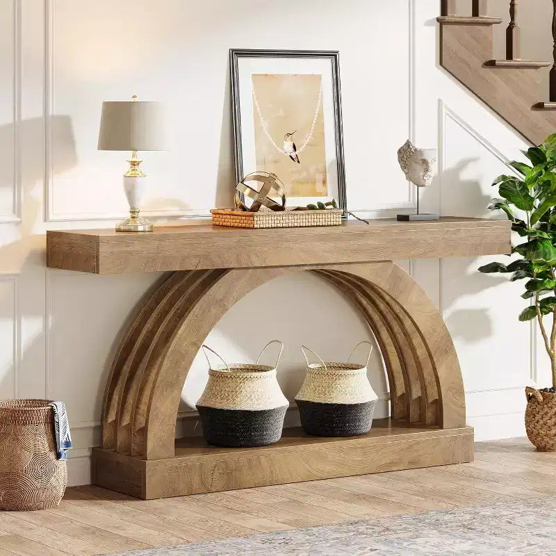 Table d'entrée Lantine de 63 pouces, table de canapé à 2 niveaux derrière le canapé, console étroite de style ferme avec arche unique pour le couloir, le salon, le foyer, naturelle