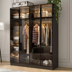 Armoire de luxe Hitow Pure Black avec portes en verre trempé, armoire LED 3 couleurs, organisateur de placard de chambre du sol au plafond, placard de dressing