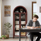 Haut meuble de rangement arqué avec portes vitrées, bibliothèque de présentation à 5 niveaux avec étagères réglables pour cuisine ou salon