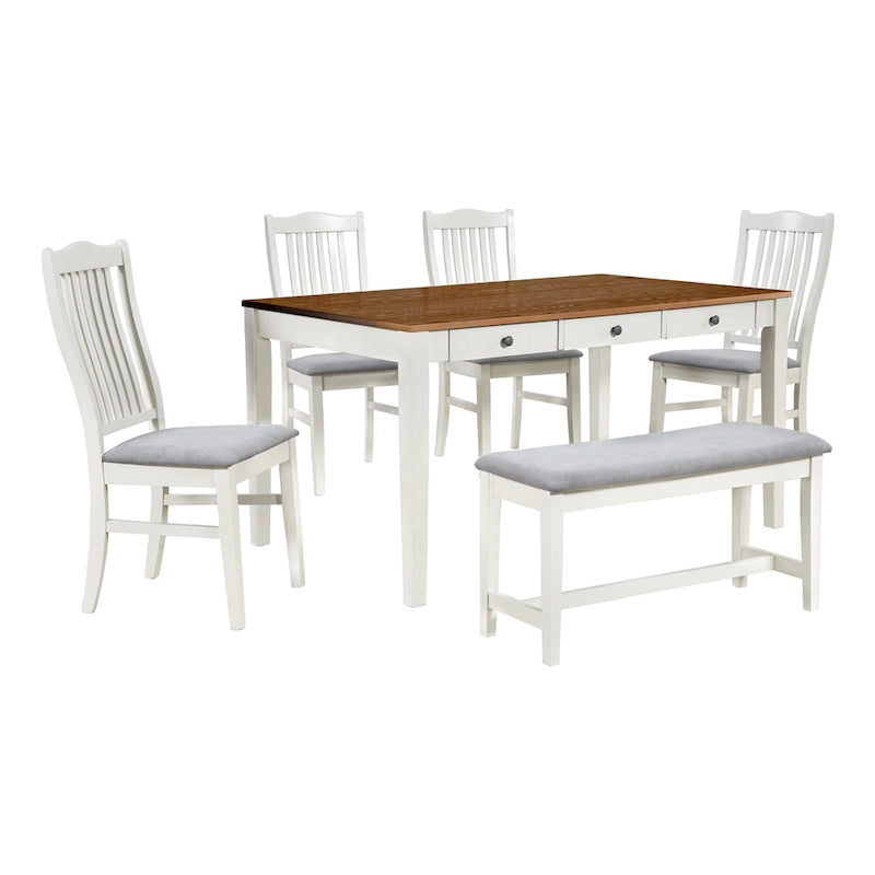 Ensemble de salle à manger 6 pièces en bois avec 4 chaises et un banc, table avec tiroir