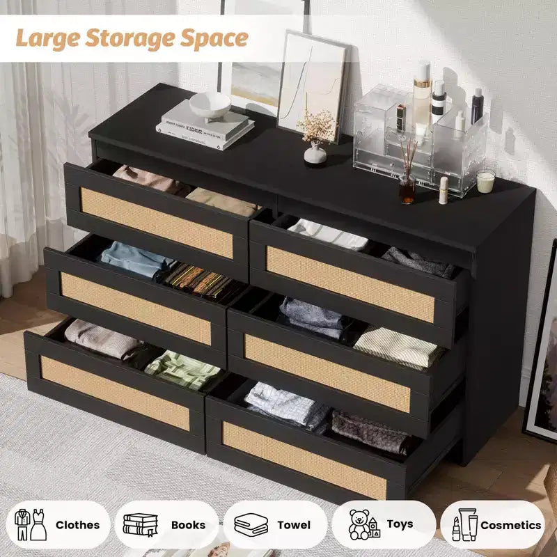 Commode en rotin pour chambre à coucher avec 6 tiroirs, 47 commode large moderne de style ferme, armoire de rangement en bois pour placard, salon, couloir