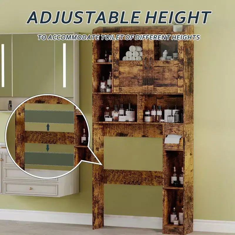 Meuble de rangement pour toilettes – Organisateur de salle de bain de style ferme de 171 cm de haut avec étagère réglable et porte en verre pour salle de bain, buanderie