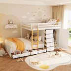 Lit superposé double sur double avec armoire de rangement et tiroirs, lit superposé double en bois peu encombrant avec garde-corps pour appartement, chambre à coucher