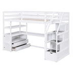 Lit mezzanine taille jumeau avec bureau et étagères, deux tiroirs intégrés, escalier de rangement