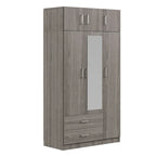 Armoire penderie miroir 3 portes avec 2 tiroirs et meuble haut