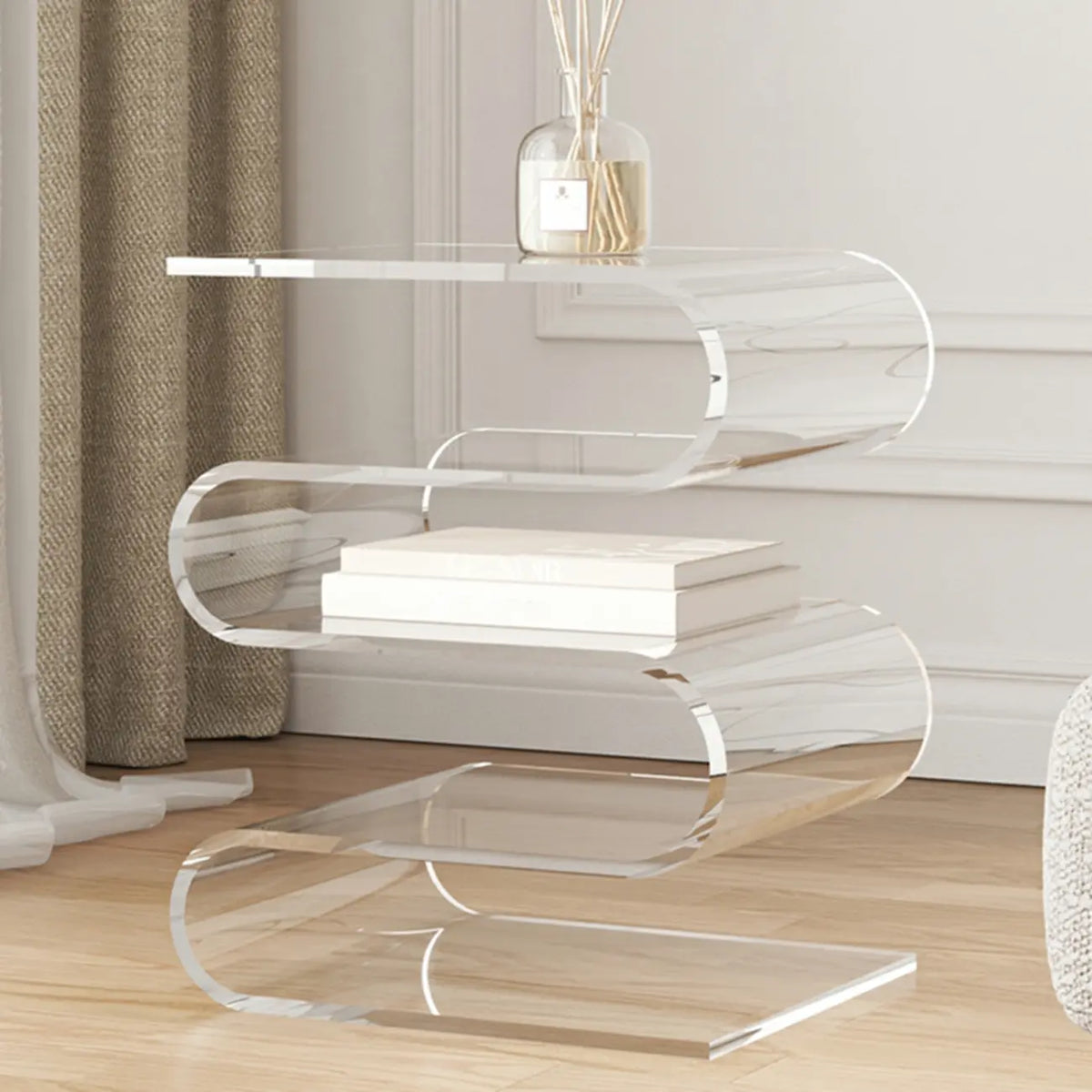 Table d'appoint contemporaine en acrylique en forme de S avec rangement