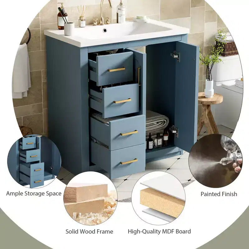 Meuble-lavabo simple de 76 cm avec armoire et 3 tiroirs – Noir / Bleu / Vert / Indigo / Blanc